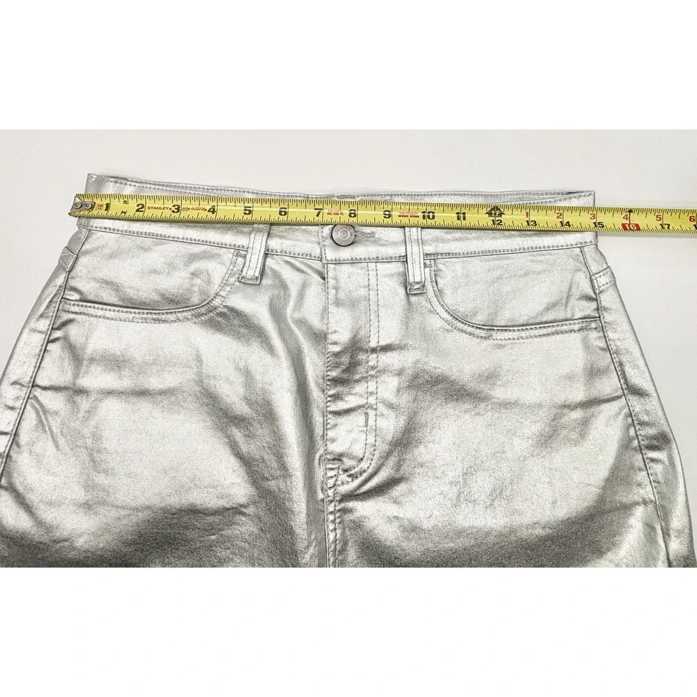 Calvin Klein Size 4 Silver Shine Metallic Zip Stretch Denim A Line Mini Skirt